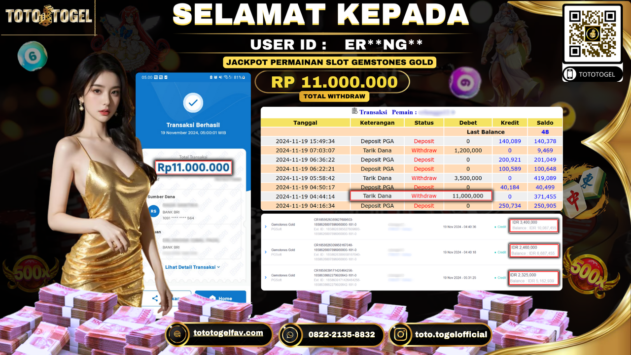 Bukti Pembayaran Jackpot Permainan Slot Gemstones Gold  ID: ER**NG** LUNAS 