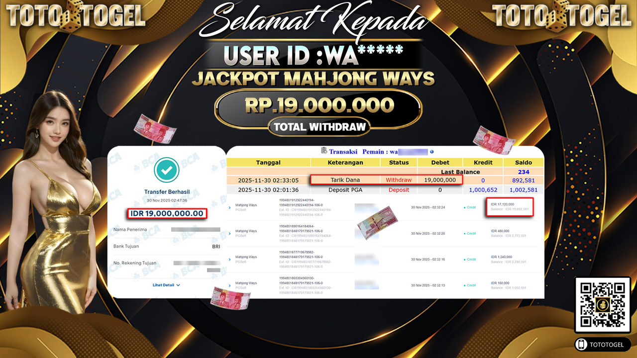 Bukti Pembayaran Jackpot Permainan Slot Mahjong Ways ID:WA***** LUNAS