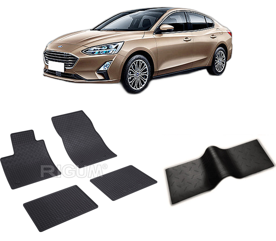Set covorase auto FORD FOCUS IV din 09.2018-PREZENT, cu covoras tunel median, CAROSERIE SEDAN, Presuri cauciuc 100%, compatibil cu autoturismul FORD FOCUS IV, Rigum