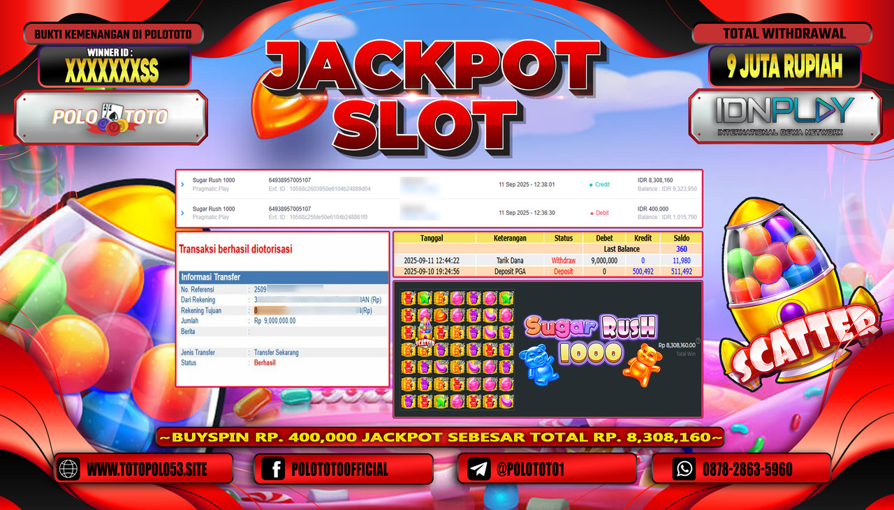 POLOTOTO JACKPOT SLOT SUGAR RUSH 1000 Rp.9.000.000,-LUNAS