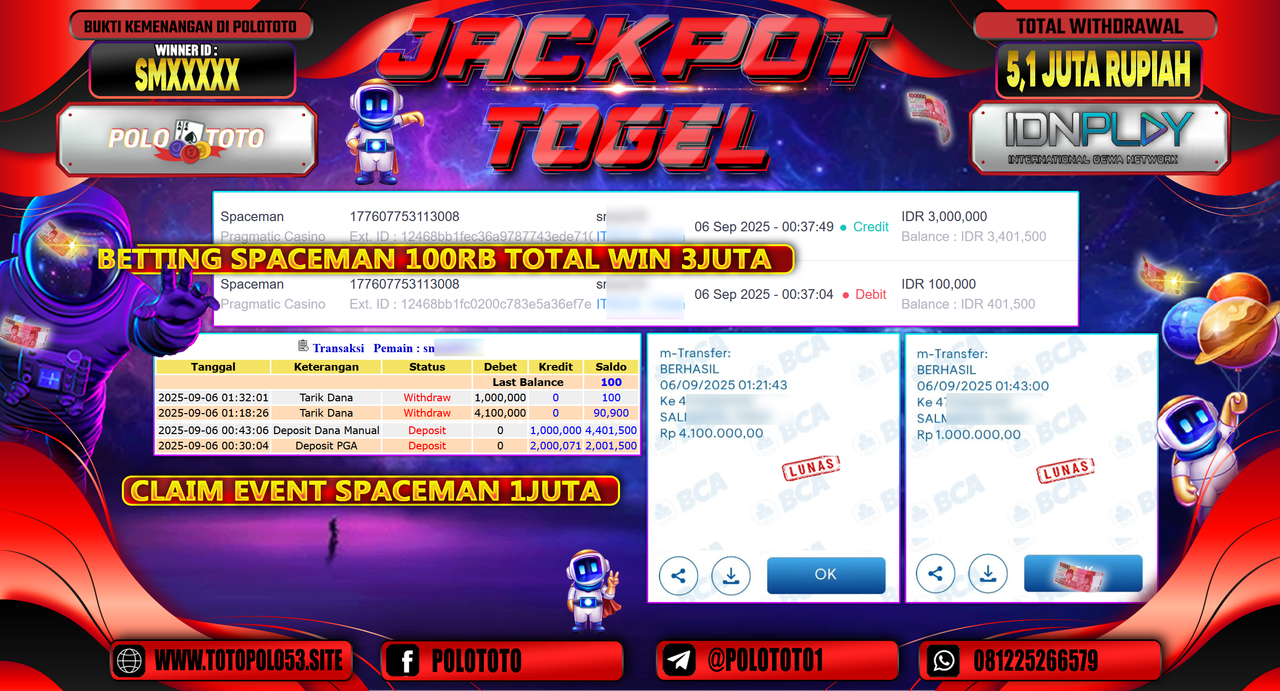 POLOTOTO JACKPOT SLOT SPACEMAN Rp.5.100.000,-