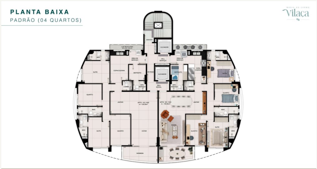 Planta de 4 quartos com distribuição funcional do Maria do Carmo Vilaça