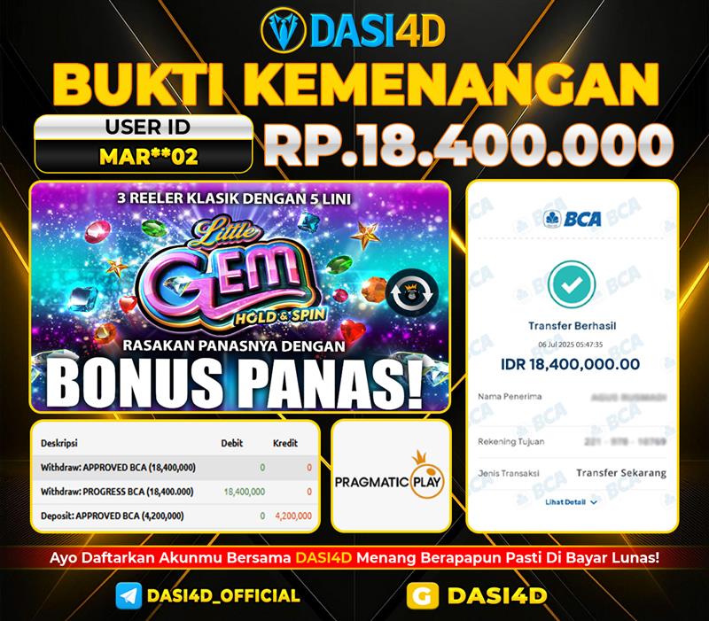 BUKTI KEMENANGAN 06 JULI 2025 DI LITTLE GEM HOLD&SPIN WD RP 18.400.000