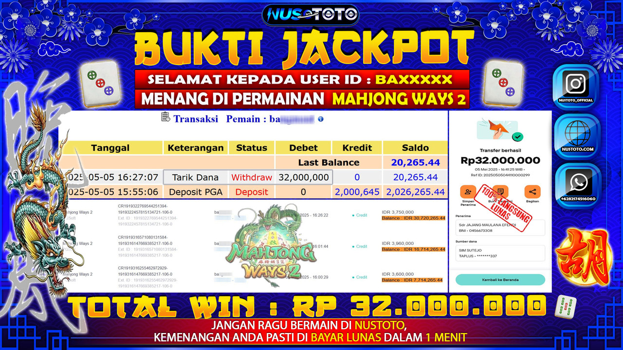 JACKPOT !! MENANG BESAR DI MAHJONG WAYS 2 Rp. 32.000.000 LANGSUNG DI BAYAR LUNAS NUSTOTO !!