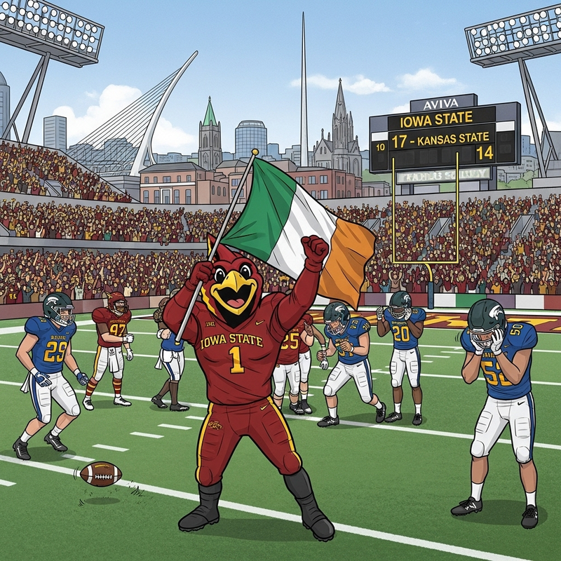 Iowa State defeats Kansas State 17-14 in Dublin Farmageddon 2025 at Aviva Stadium.