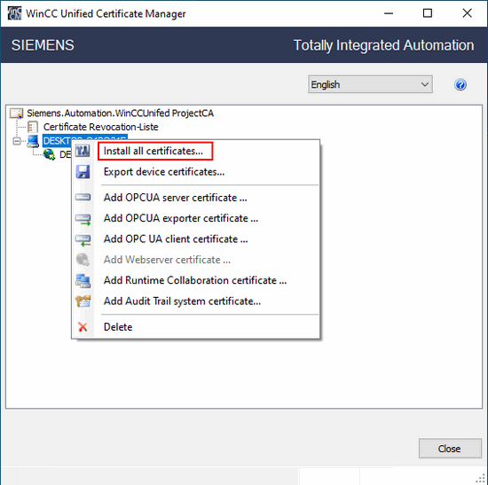 WinCC Unified Runtime on engineering computer certificates WinCC Unified Runtime on engineering computer certificates