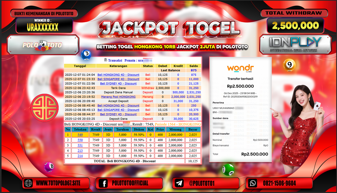 POLOTOTO JACKPOT TOGEL MENANG HONGKONG LOTTO Rp.2.500.000,- LUNAS