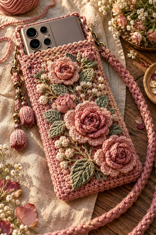 Dusty Rose Garden handmade crochet phone pouch for Galaxy S26 Ultra
