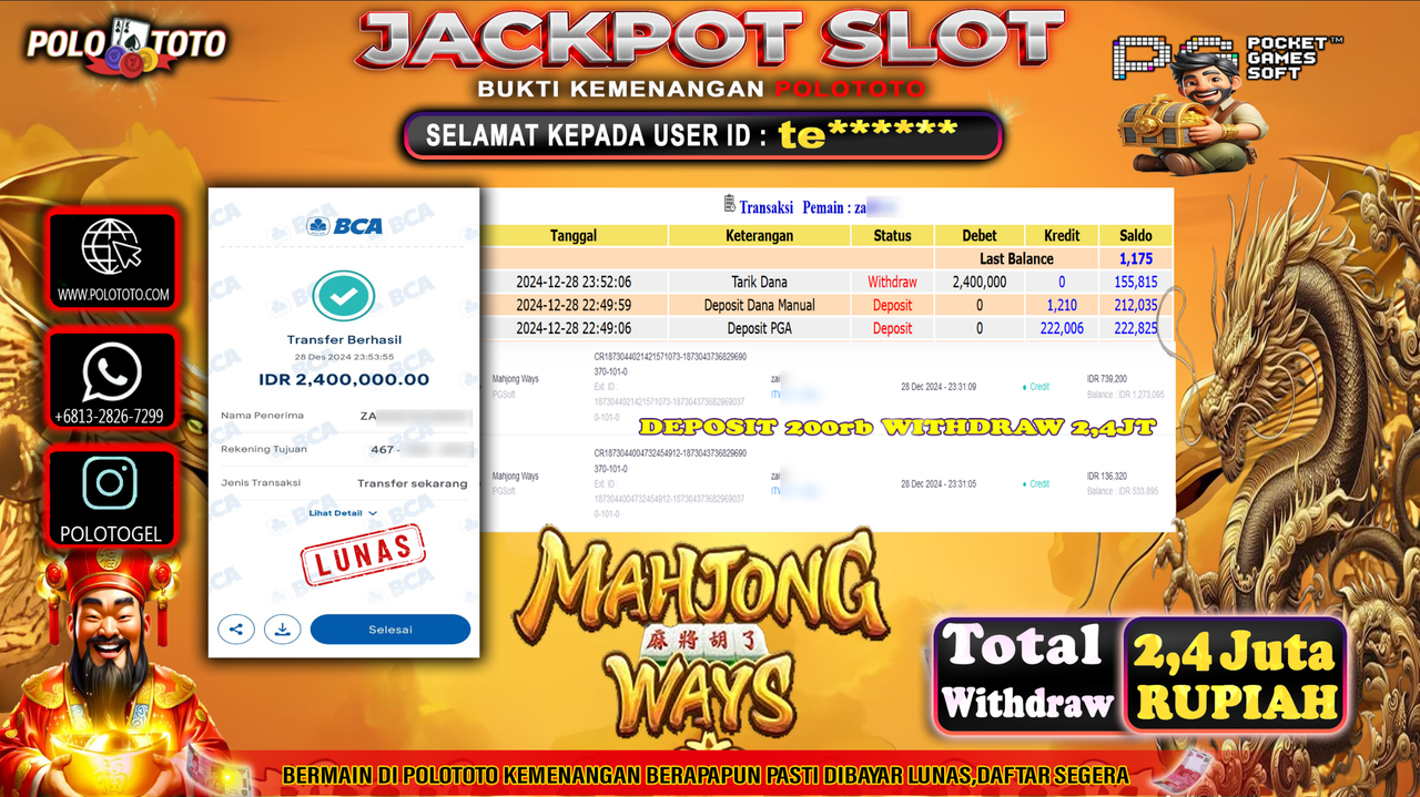 POLOTOTO JACKPOT SLOT MAHJONG WAYS Rp.2,400.000,-