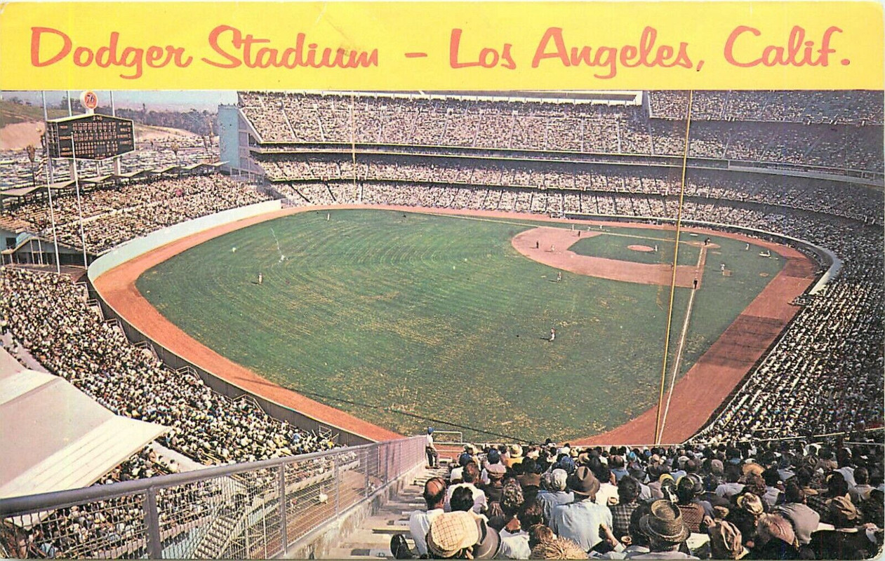 Color photograph postcard of Dodger Stadium - Los Angeles, Calif.