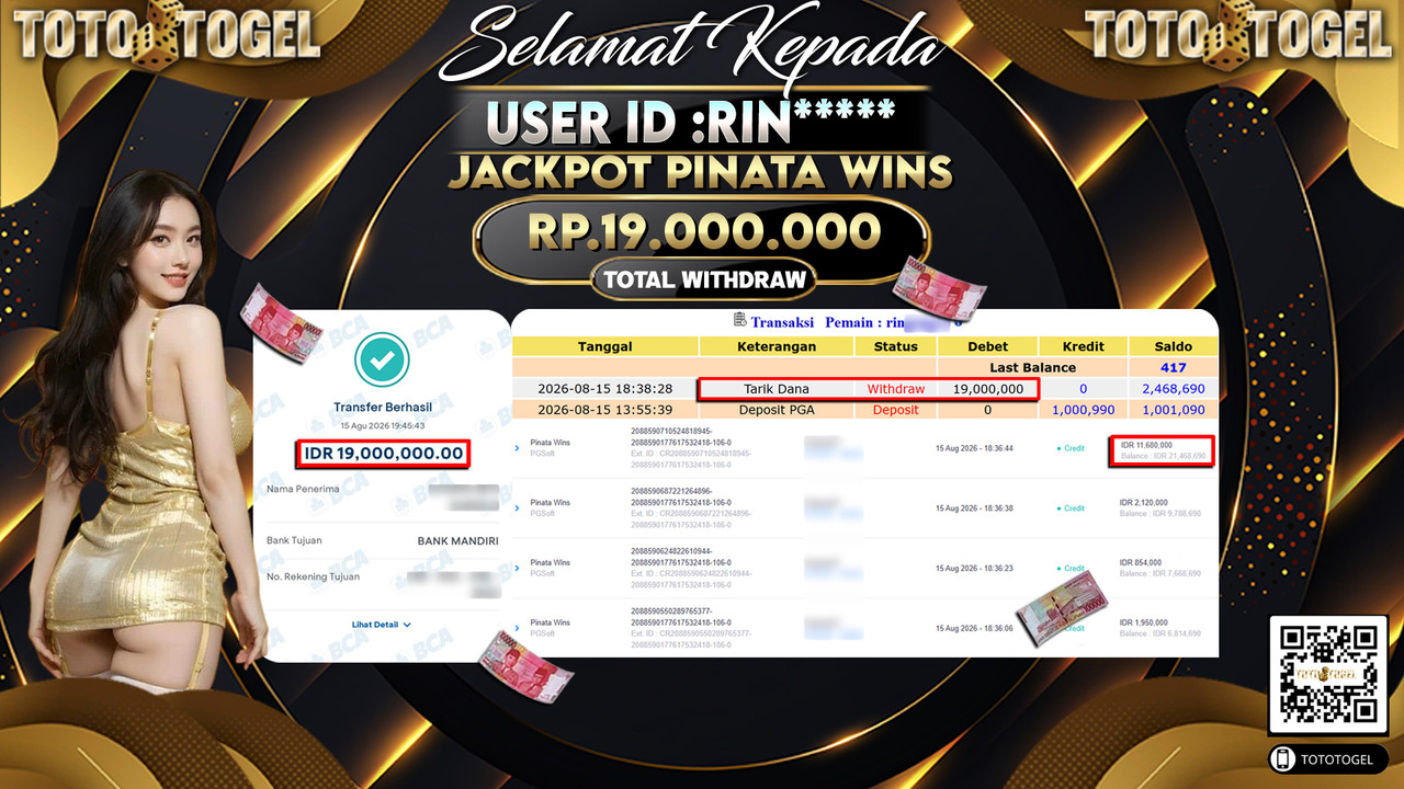 Bukti Pembayaran Jackpot Slot Pinata Wins ID:RIN*****LUNAS