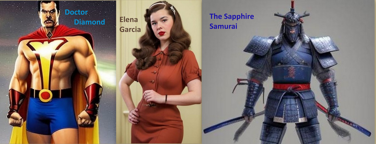 Dr. Diamond, a superhero with black hair and a mustache, red cape and blue shorts, Elena Garcia, a woman in a 40s vintage red dress with brown hair to her shoulders, and the Sapphire Samurai, a robot built to look like a samurai warrior