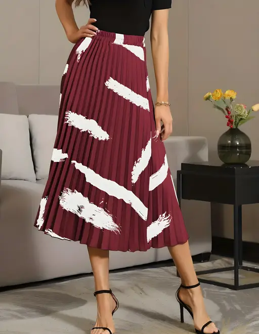 Skirt For Women | Brush Print Pleated Skirts, Vintage Elastic Waist Midi Skirts, Women's Clothing(Premium Quality) Color6 (R230)