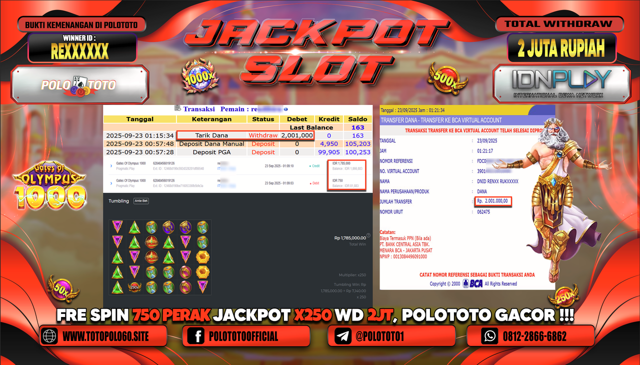 POLOTOTO JACKPOT SLOT GATES OF OLYMPUS 1000 Rp.2.001.000,-