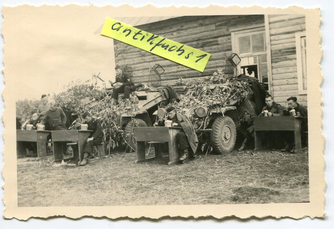 3 WH-Schützen-Panzer SPW getarnt neben Bauernhau