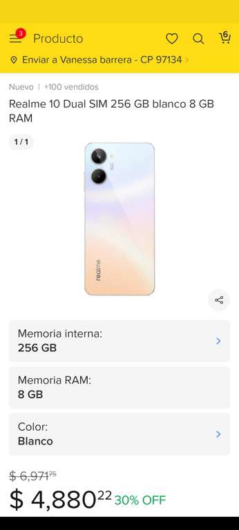 Mercado Libre: Realme 10 Dual SIM 256 GB blanco 8 GB RAM 
