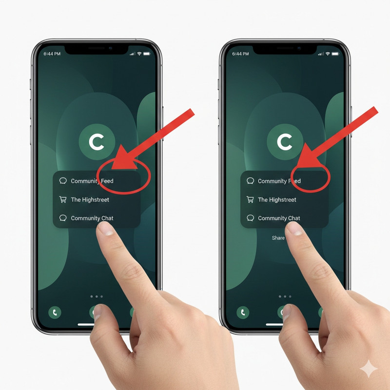 A smartphone displaying app shortcuts for Community Feed, Highstreet, and Chat.