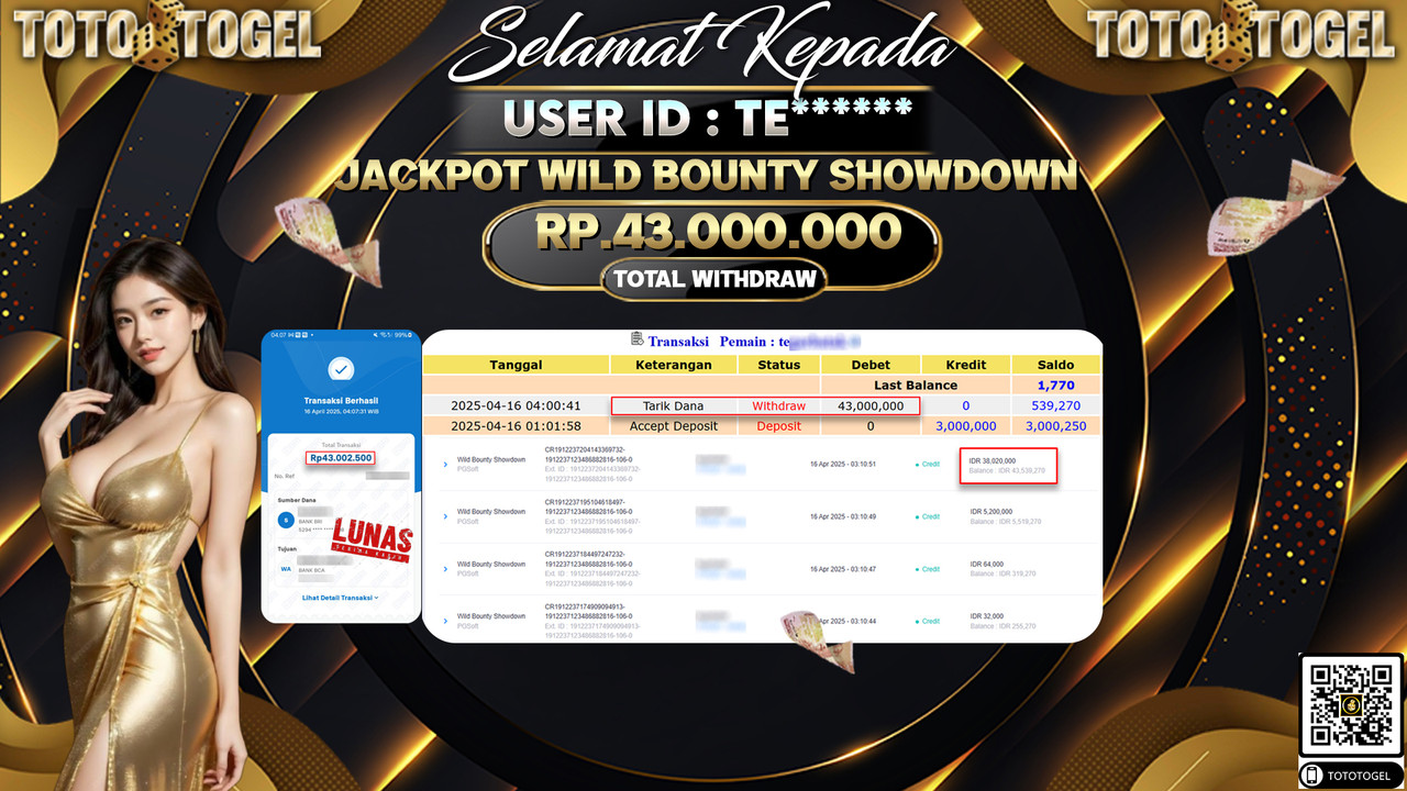 Bukti Pembayaran Jackpot  Permainan Slot Wild Bounty Showdown ID:TE****** LUNAS
