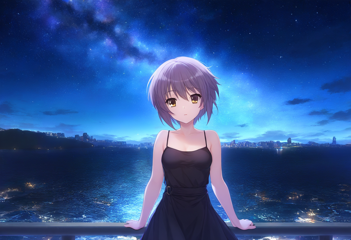 1girl, nagato yuki (suzumiya haruhi no yuuutsu), black dress, Leaning on a rooft s-2068629744