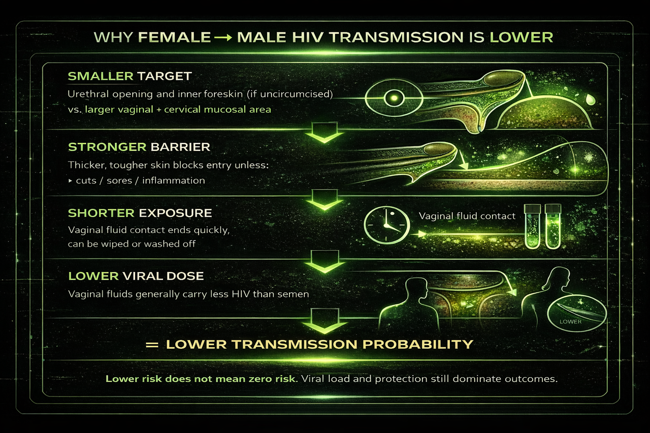 Infographic showing why female-to-male HIV transmission is usually lower, including smaller vulnerable target area, stronger skin barrier, shorter exposure, and lower average viral dose