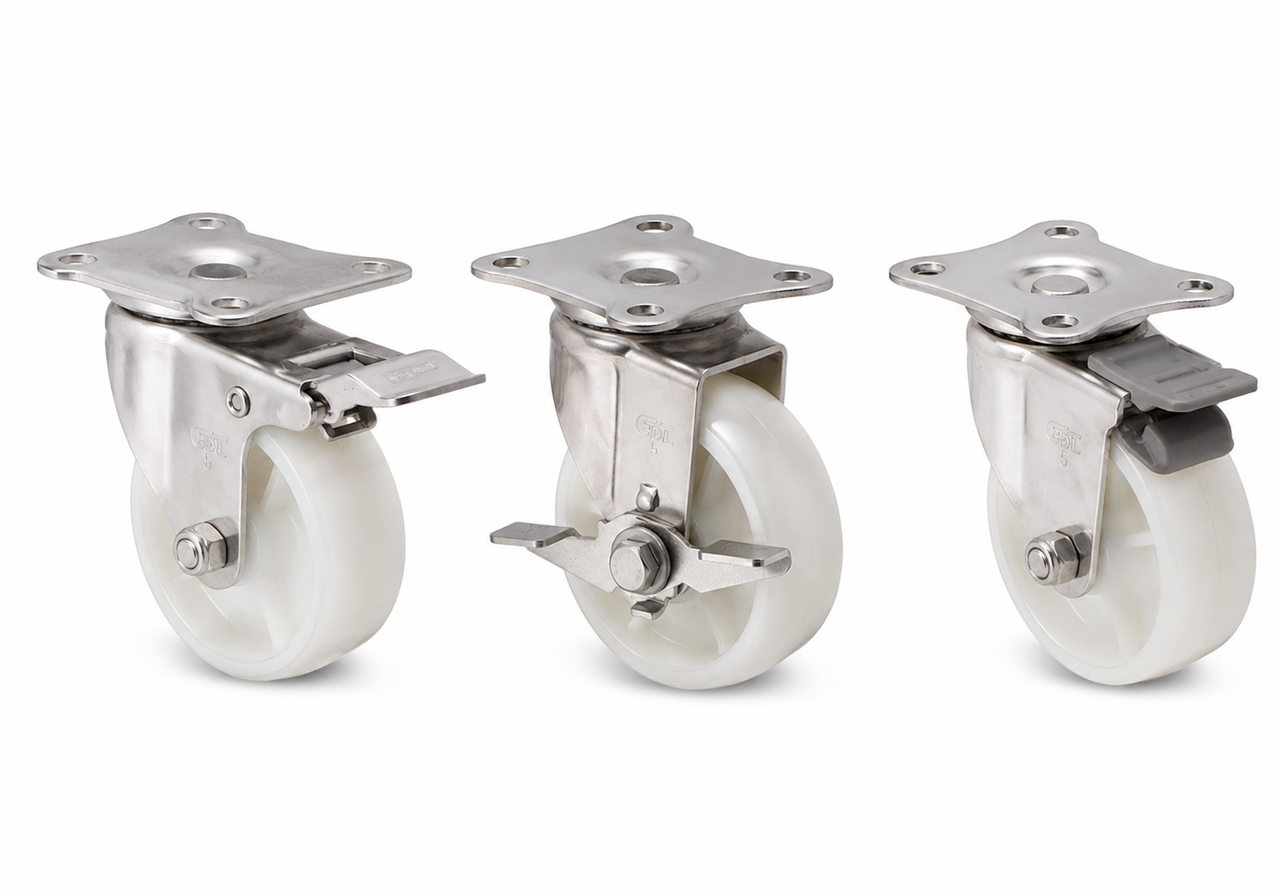 Stainless steel caster brake options