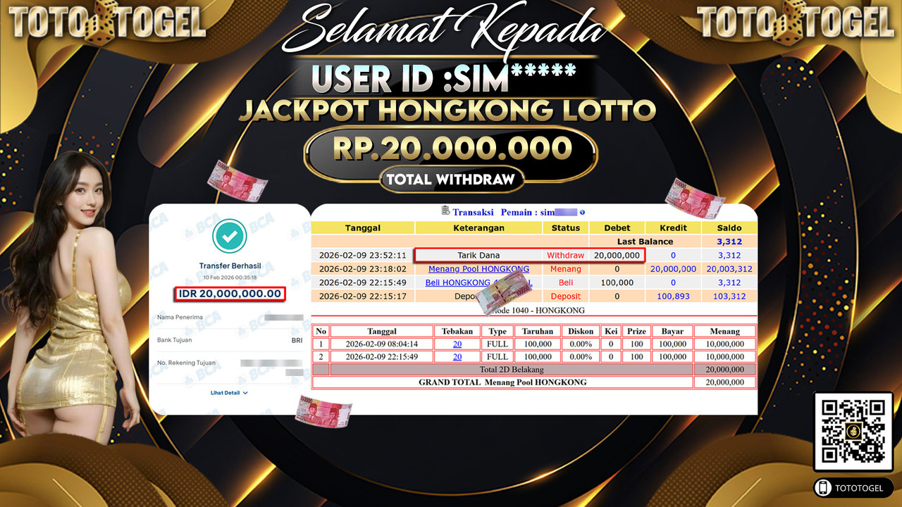 Bukti Pembayaran Jackpot Permainan Togel Hongkong Lotto ID:SIM*****LUNAS