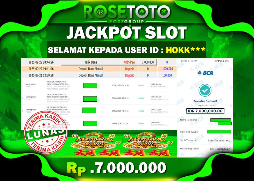 ROSETOTO JACKPOT SLOT MAHJONG WAYS Rp.7.000.000.,- LUNAS