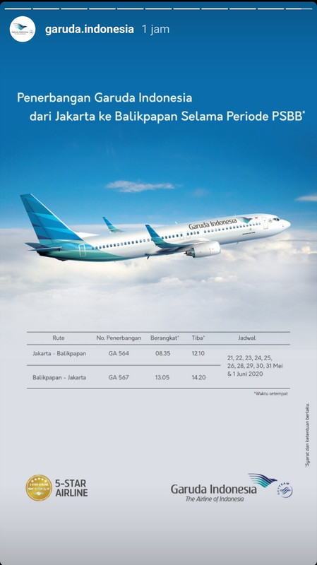 Jadwal penerbangan Garuda Indonesia rute Jakarta-Balikpapan.
