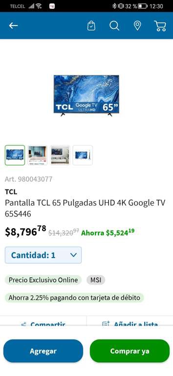 Pantalla TCL 65 Pulgadas UHD 4K Google TV 65S446 Sam's club 
