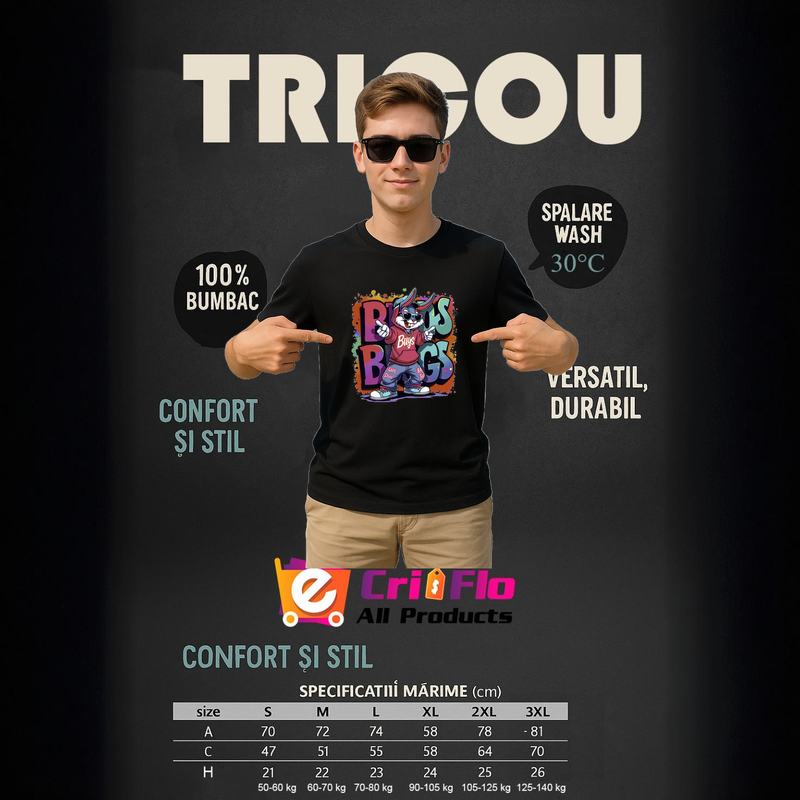 Tricou Barbat Bugs Bunny vibes graffiti cu fundal alb, Barbat, 100% bumbac, Cri-Flo, Culoare Negru, Marime L