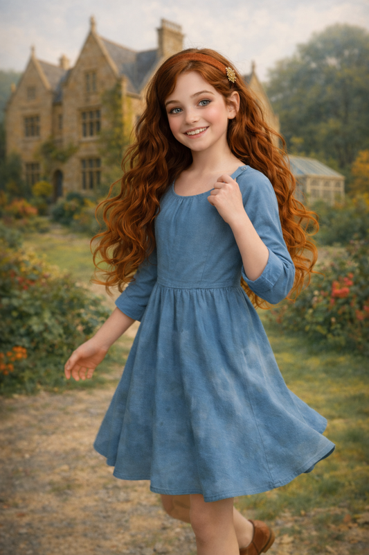 Fille souriante devant un manoir ancien