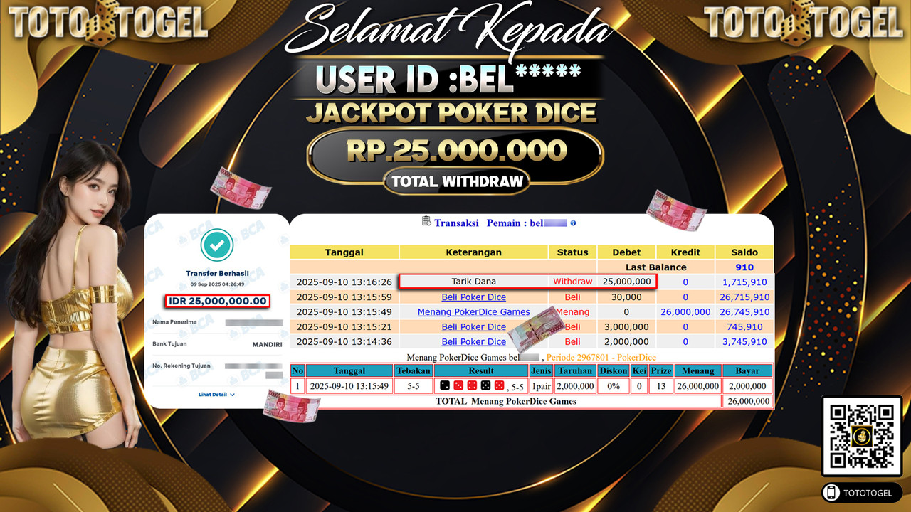 Bukti Pembayaran Jackpot Permainan Live Game Poker Dice ID:BEL***** LUNAS