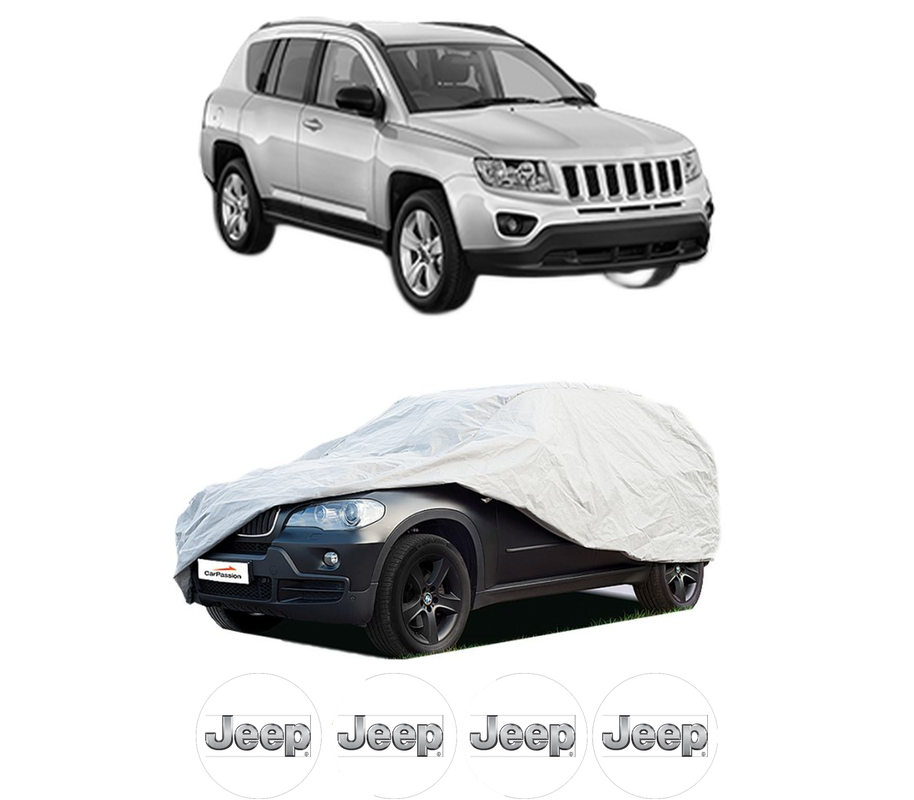 Husa tip prelata auto pentru JEEP COMPASS (MK49) din 2006-2011, Culoare Gri, material textil impermeabil, rezistanta la intemperii praf UV, CARPASSION Husa Protectie, 4 Stickere auto cu JEEP