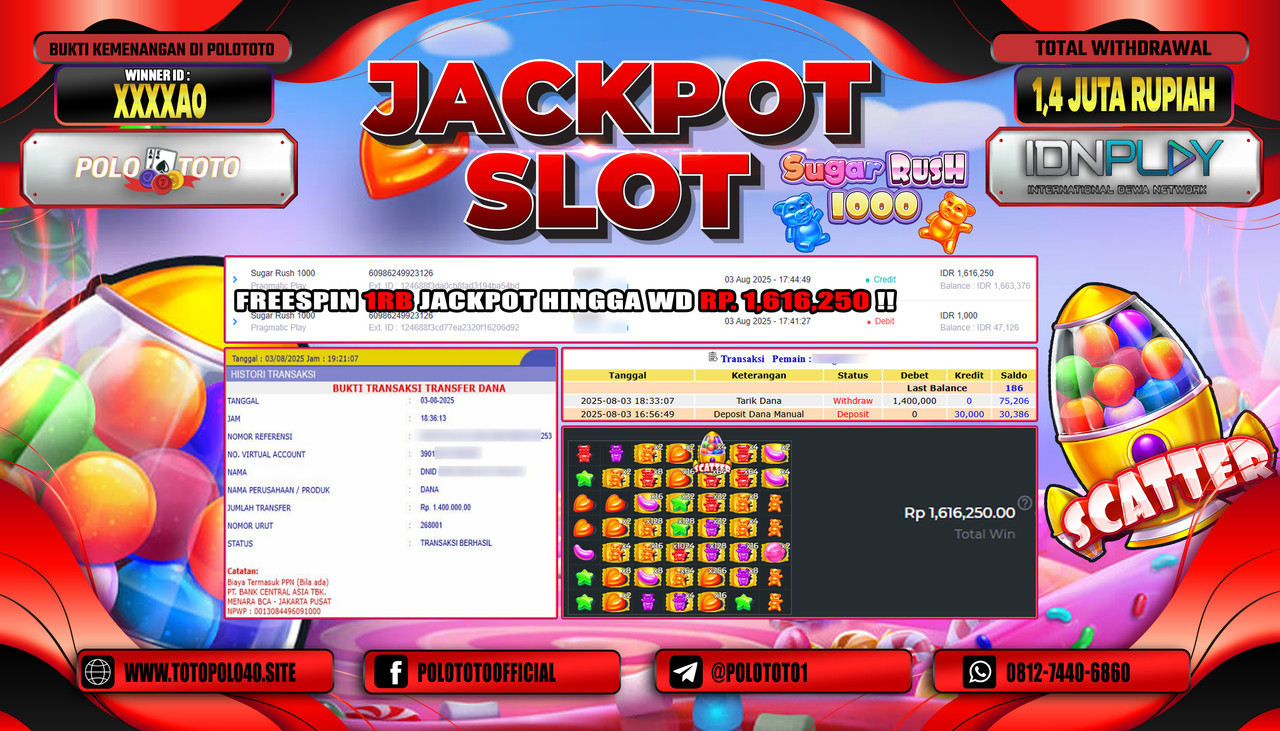POLOTOTO JACKPOT SLOT SUGAR RUSH 1000 Rp.1.400.000,-LUNAS