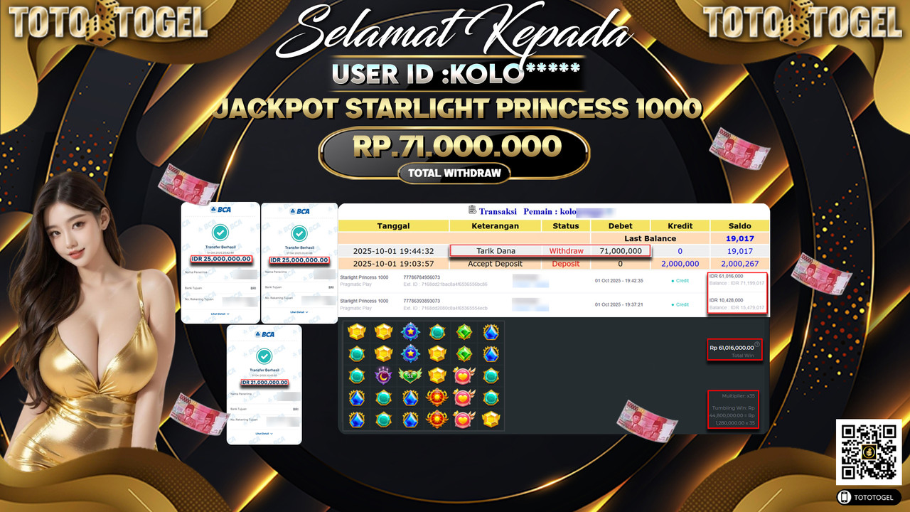 Bukti Pembayaran Jackpot Permainan Slot Starlight Princess 1000 ID:KOLO*** LUNAS