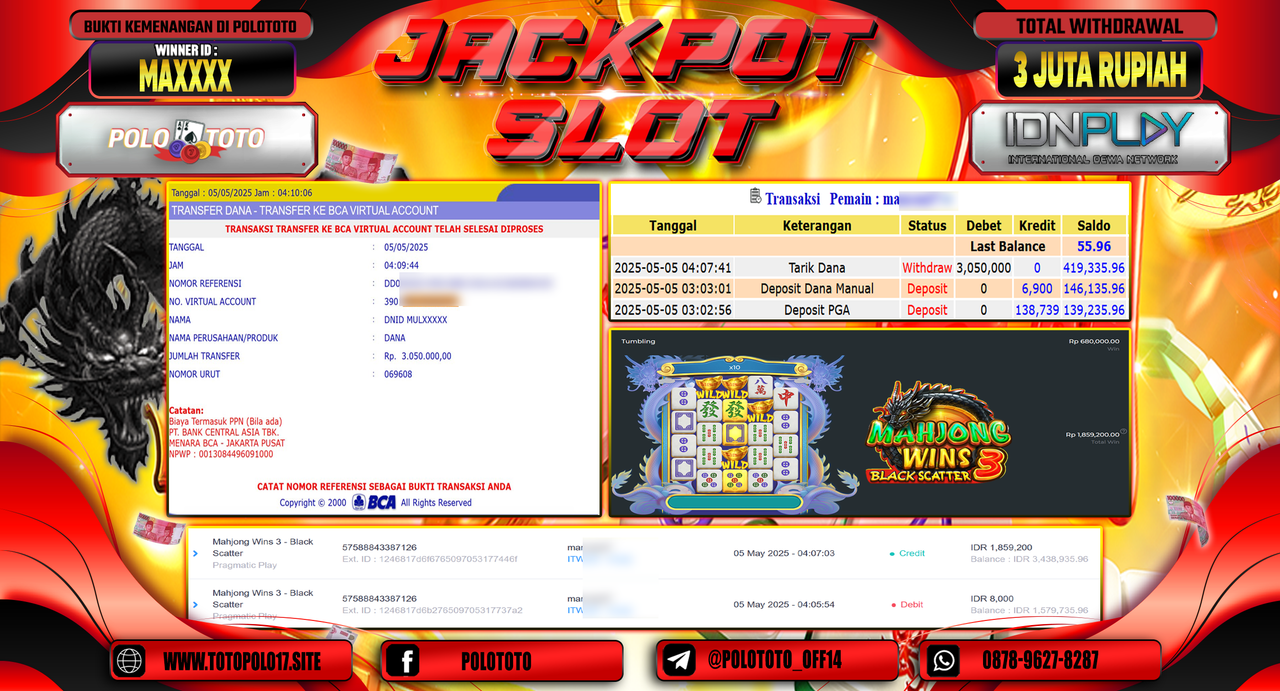 POLOTOTO JACKPOT SLOT MAHJONG WINS 3 BLACK SCATTER Rp.3.050.000,-
