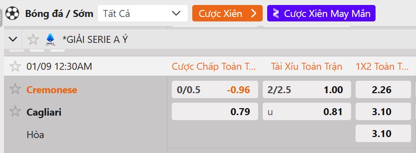 Tỷ lệ kèo US Cremonese vs Cagliari