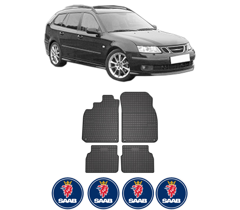 Set covorase presuri SAAB 9-3 Estate (E50) din 2005-2015, auto, din cauciuc thermoplastic, 4 Stickere auto cu SAAB