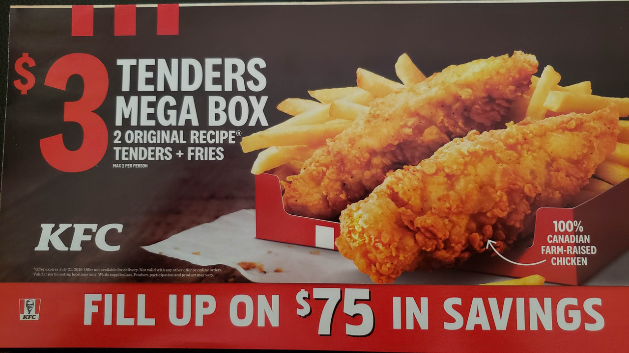 KFC Get a Mega Box with Two Tenders + Fries for 3.00 Until July 21