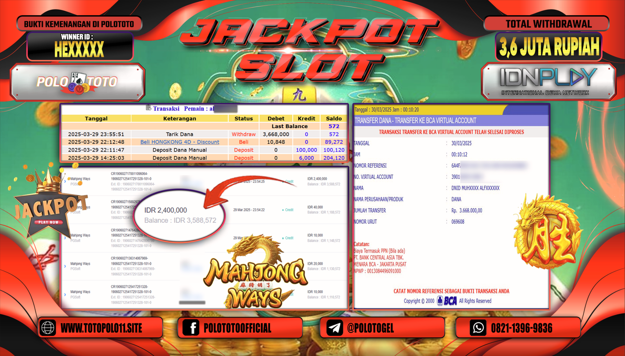 POLOTOTO JACKPOT SLOT MAHJONG WAYS  Rp.3.600.000,- LUNAS