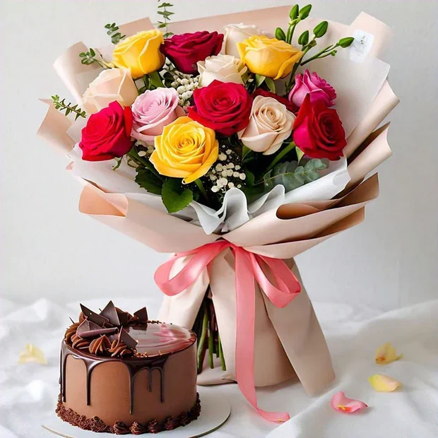 12 Mix Roses N Chocolate Cake  Image