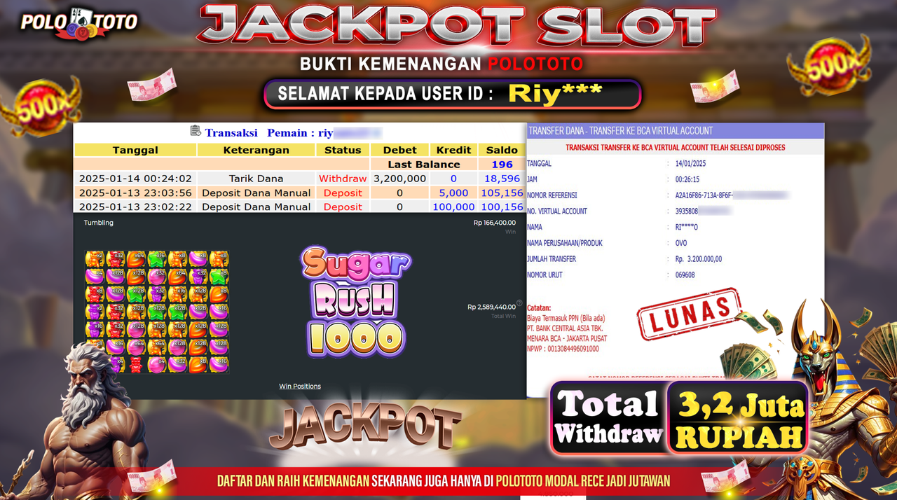POLOTOTO JACKPOT SLOT SUGAR RUSH 1000 Rp.3,200.000,-