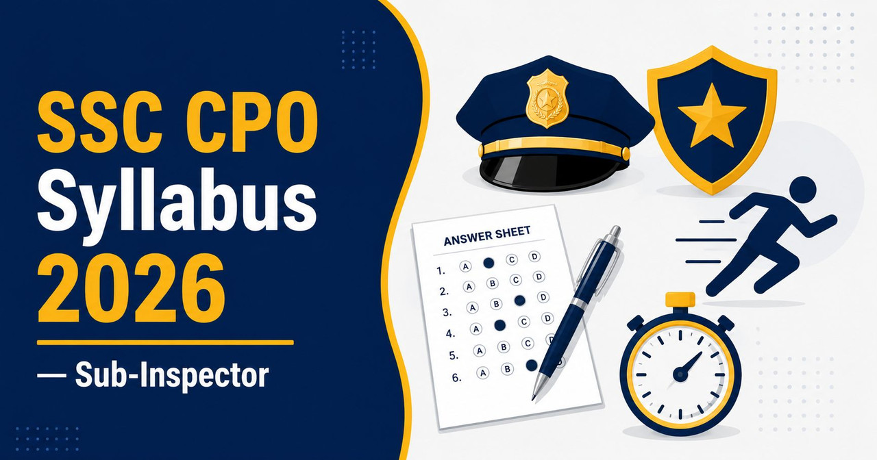 SSC CPO Syllabus 2026 — Paper I and II Pattern, PST/PET Standards and Section-Wise Topics SSC CPO Syllabus 2026 banner showing police cap and shield, running figure for physical test and answer sheet for Sub-Inspector exam