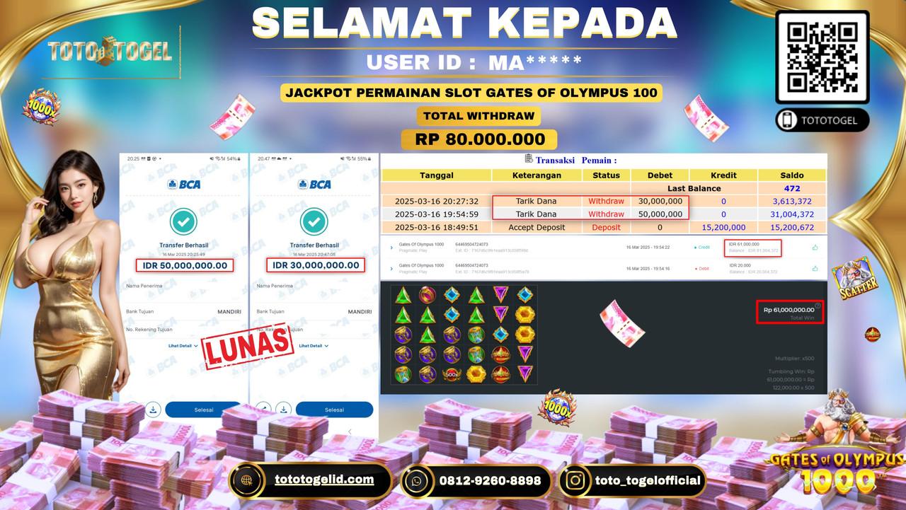 Bukti Pembayaran Jackpot  Permainan Slot Gates Of Olympus 1000 ID:MA***** LUNAS