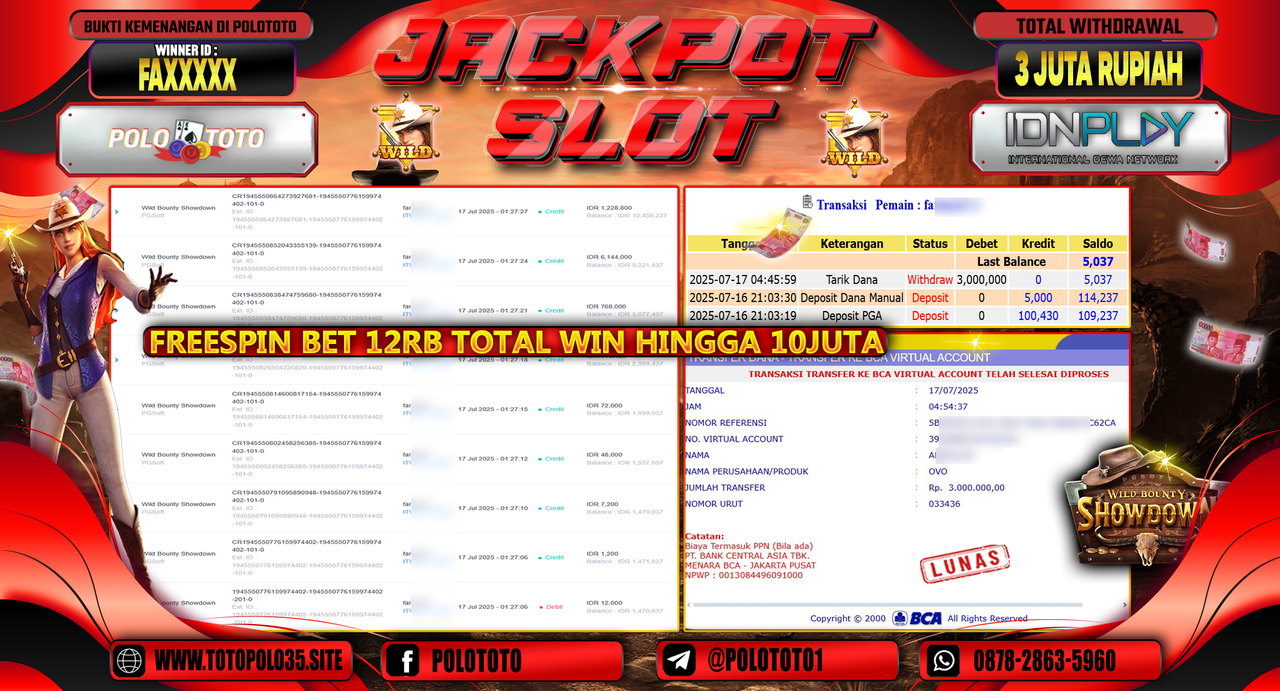 POLOTOTO JACKPOT SLOT WILD BOUNTY SHOWDOWN Rp.3.000.000,- LUNAS