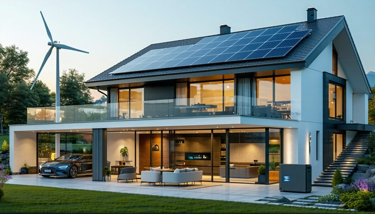 Maison écologique avec panneaux solaires et éolienne