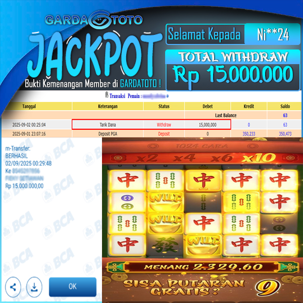 JACKPOT DI PERMAINAN  SLOT PG SOFT MAHJONG WINS  WD Rp 15.000.000,- DIBAYAR LUNAS GARDATOTO MANTAP !