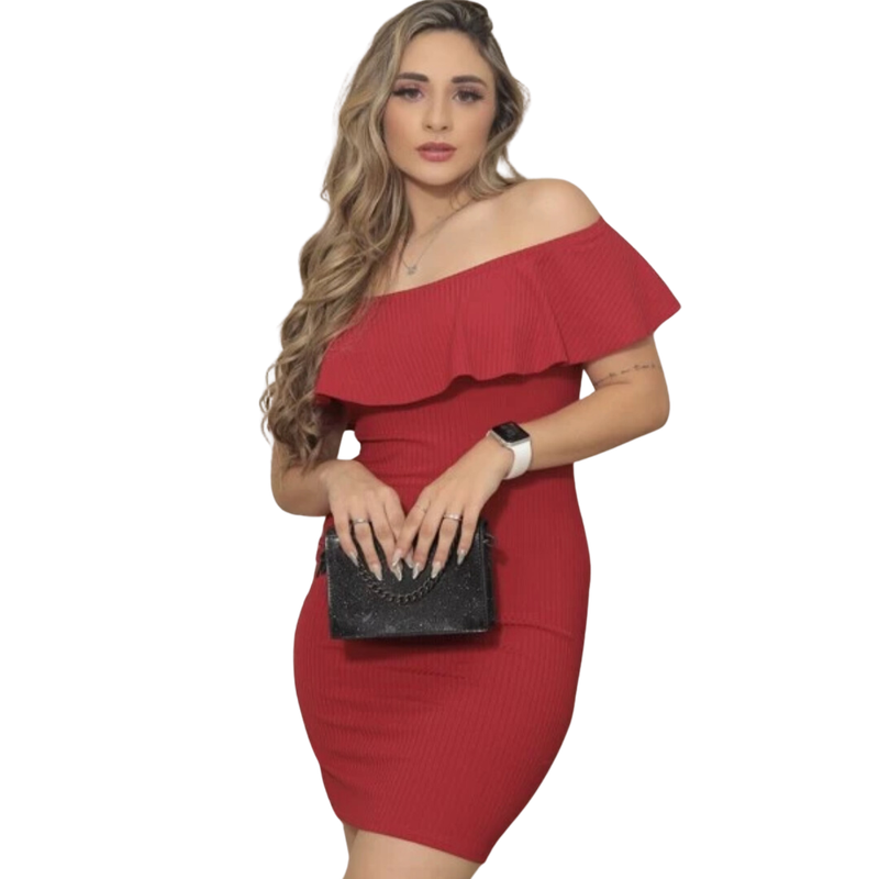 Vestido Malha Canelada Babado no Ombro - Tamanho Único Cores Variadas