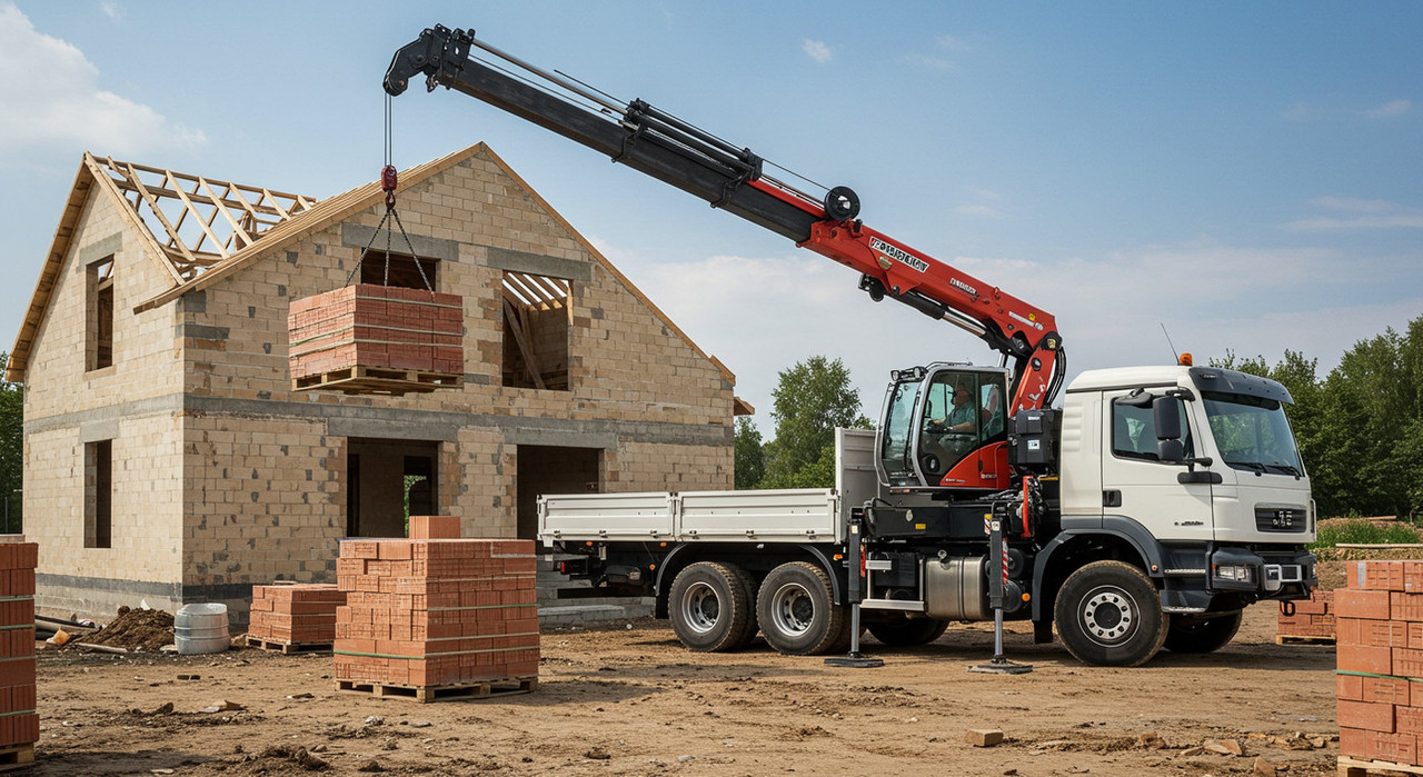 Манипулятор выгружает поддоны с кирпичом на стройплощадке