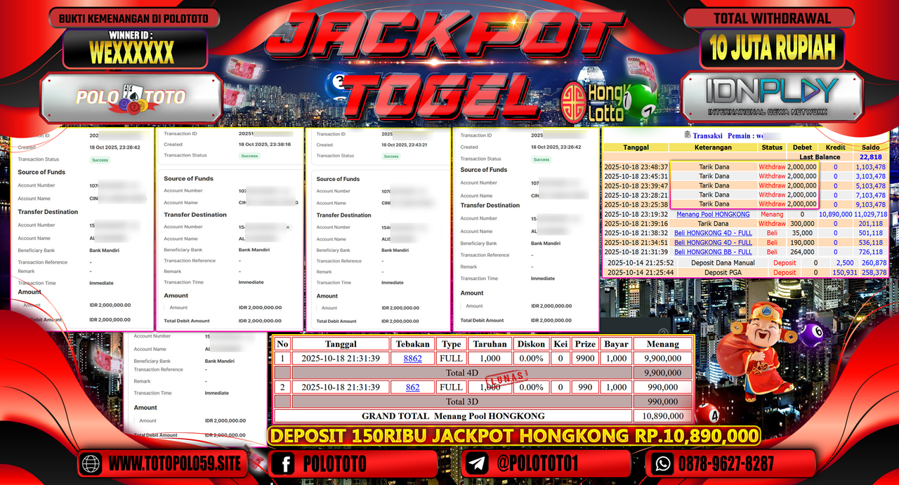 POLOTOTO JACKPOT TOGEL MENANG HONGKONG LOTTO Rp.10.000.000,- LUNAS